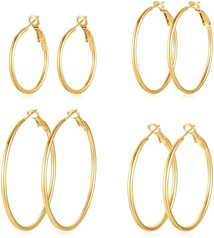 4 Pairs Silver Gold Hoop Earrings for Women | 14K Gold Plated Hoop Earrings Set Hypoallergenic Earring Lightweight Dangle Earrings Set