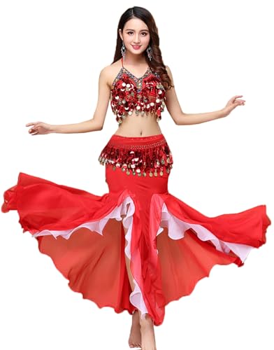 ORIDOOR Women's Belly Dance Dress Set - Red, One Size - Bra Top, Waist Belt, Chiffon Skirt - 35.5