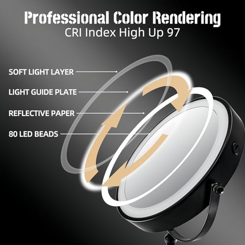 مرآة مكياج مضاءة قابلة لإعادة الشحن بسعة 2500 ميلي امبير في الساعة مقاس 21.8 سم مرآة LED للتزيين مع 3 ألوان ومرآة مضاءة قابلة للتعديل السطوع، مرآة مكبرة 1 ضعف/10 أضعاف من ون سيركل (اس ايه أسود)