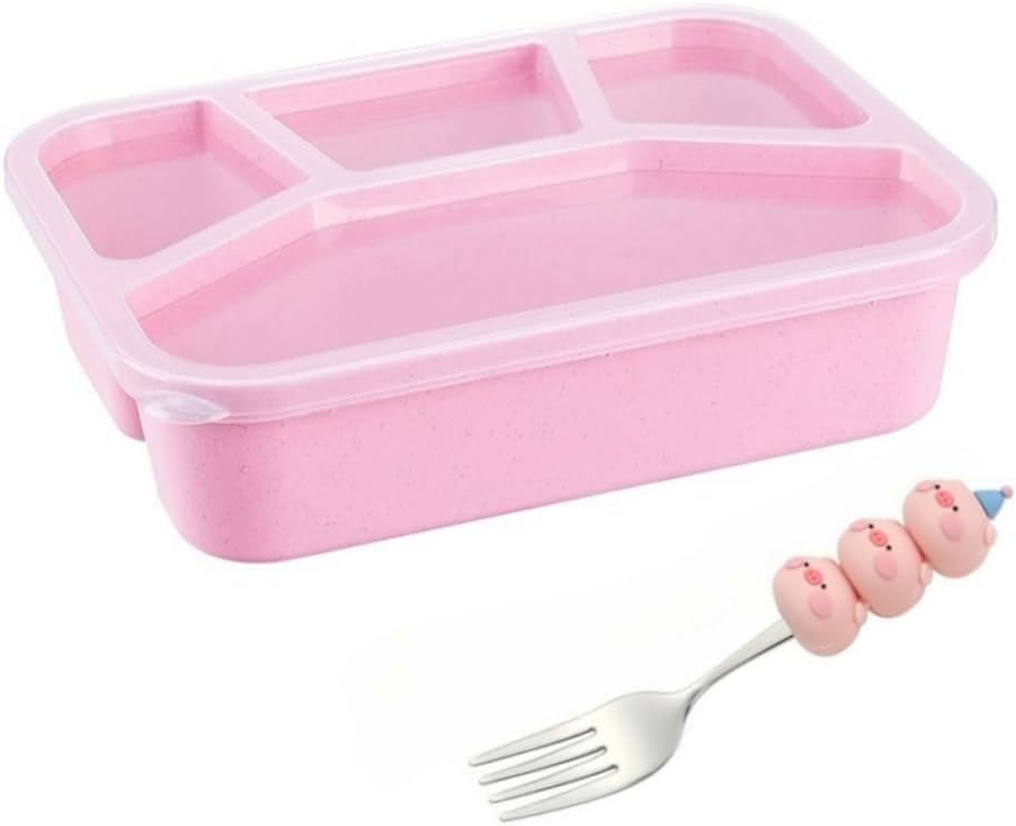 Snack Container, 950ml Wheat Straw Bento Box for Kids and Adults, Reusable 4 Compartments Meal Prep Container Lunchable Container with Fork for School Work Travel (Pink)