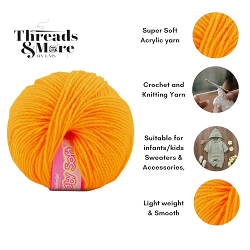 Image of Vardhman Baby Soft Yarn Pack of 6 - 4-Ply Acrylic Wool 150g Total | Soft Yarn for Knitting & Crocheting Baby Blankets, Sweaters, Toys & Accessories | 86m per 25g Ball (1, Orange)
