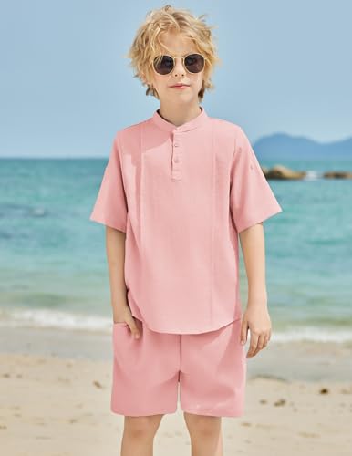 Image of Arshiner Boy's 2 Pieces Linen Sets Short Sleeve Henley Shirt and Shorts Summer Beach Matching Outfits 4-12 Years
