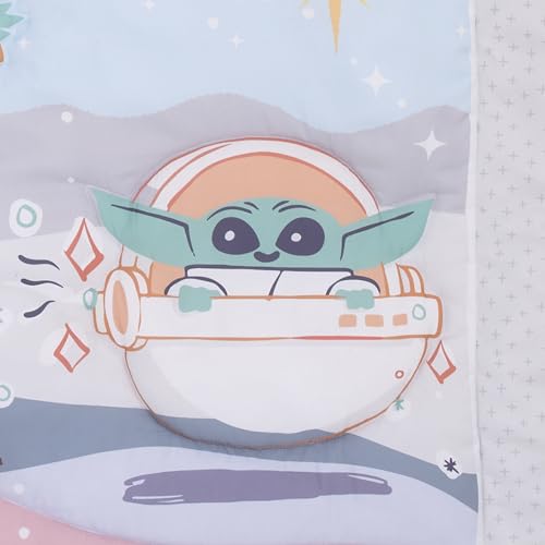 Image of Star Wars Grogu Cutest in The Galaxy Cream, Green, and White 3 Piece Nursery Crib Bedding Set - Comforter, Fitted Crib Sheet, and Crib Skirt