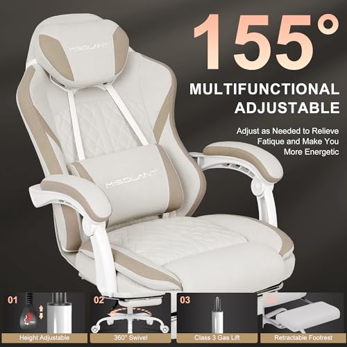 Image of Misolant Gaming Chair, Fabric Gamer Chair with footrest for Adults, High Back Ergonomic Computer Game Chair with Adjustable Headrest and Massage Lumbar Support, 90-155 Recline Free, Beige