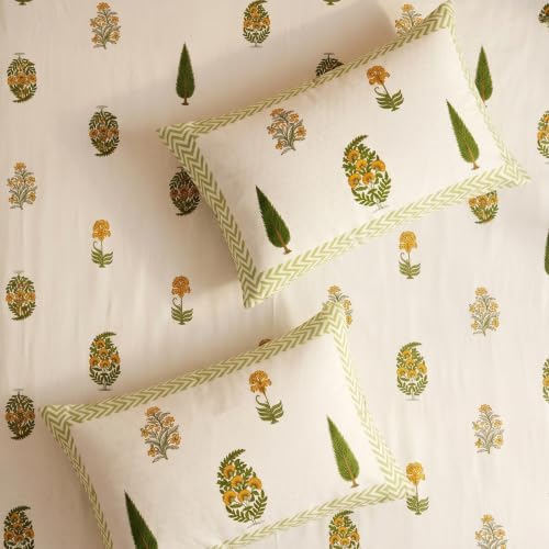 Image of Naksh Bedsheet for Double Bed King Size Minimal Botanical Print 2 Pillow Covers | Minimal Botanical Print in Bedsheet Double Bed | Fresh Contemporary King Bed Design | Royal Sajawat Collection |