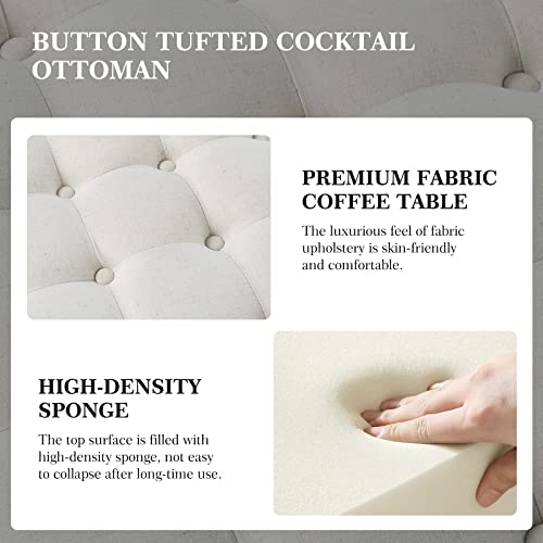 Hulala Home Modern Round Ottoman Footrest Stool For Living Room, Luxurious Button Tufted Coffee Table Ottoman With Lower Shelf & Solid Wood Legs, Upholstered Cocktail Footstool Center Table, Ivory #TOP5