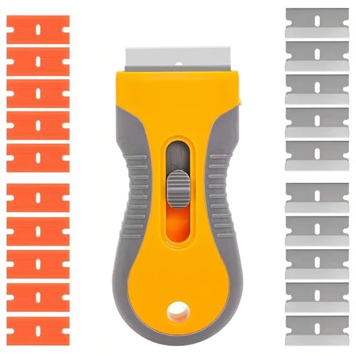 ZEPIQOR Rasqueta vitroceramica con 10 de Acero al Carbono y 10 Hojas de plástico, Rascador de Vidrio y vitrocerámica, para la eliminación de Pegamento, Pintura, calcomanías, Tinte