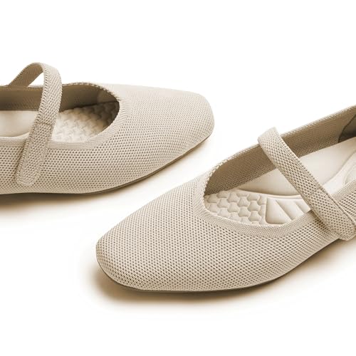 Image of Cusolemore Mary Jane Flat Shoes for Women with Arch Support and Concealed Low Wedge Heel, Comfortable Women Square Toe Ballet Flats Knit Dress Shoes