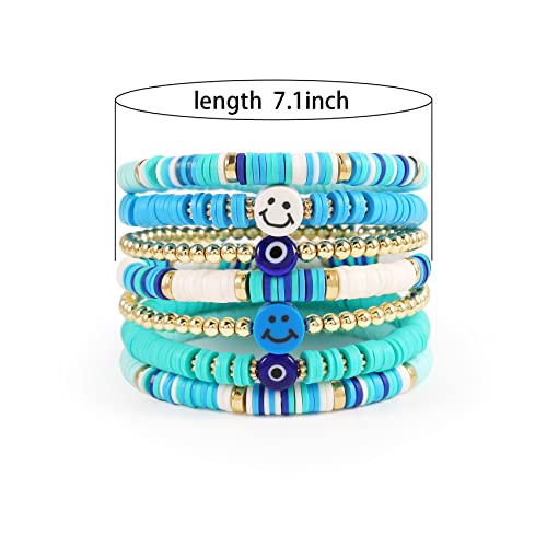 A Golden Cloud Preppy Stackable Beaded Bracelets For Women Heishi Evil Eye Smiley Face Summer Beach Surfer Cute Blue Clay Bead Bracelet Boho Girls Jewelry Set #TOP1
