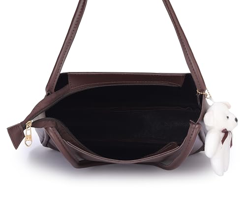 Image of SIJJEEL Women's Handbag Synthetic Leather Shoulder Bag with Bear Charm Tote One Size Women's Shoulder Bag Faux Leather Tote