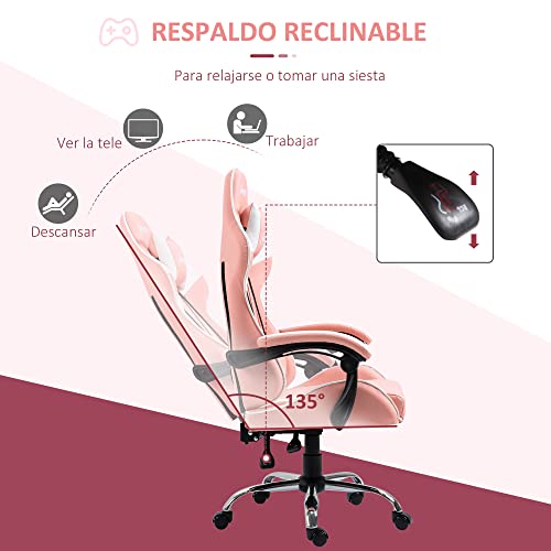 Vinsetto Silla Gaming Silla Gamer Racing Giratoria con Altura Ajustable Reclinable de 135° Reposacabezas y Cojín Lumbar para Oficina Estudio 63x67x122-130 cm Rosa - imagen 5
