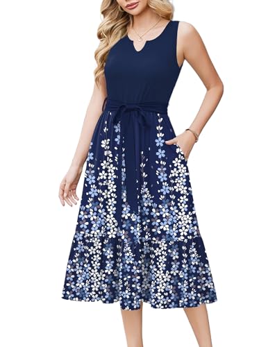 Image of Zeagoo Women Sleeveless Midi Dress Summer V Neck Sundress Casual Tunic Dresses Elegant Floral Print Tank Beach Dress Floral C M