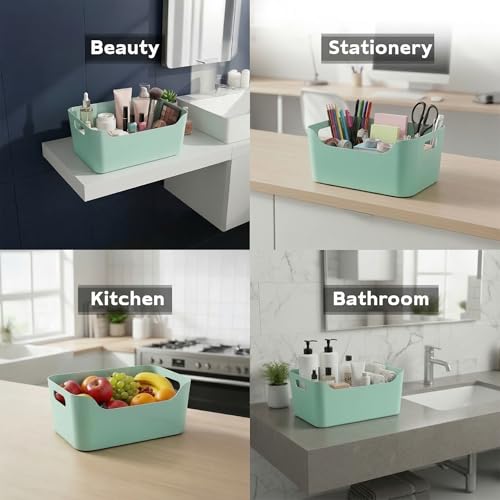 Image of KOLORR Jolly Plastic Medium Baskets with Handle for Storage Box| Multipurpose Light Weight Plastic Baskets organiser for Make-up Stationary Cosmetics Kitchen Livingroom Bathroom | Pack of 4 - Mint