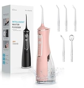 OasiSmile Munddusche Kabellos Elektrisch, Munddusche Testsieger 2025, 4 Modi und 5 360° Jet-Tipps, 300ML Oral Irrigator zur Täglichen Tiefenreinigung, IPX7 Wasserdicht für Reise & Zuhause, Roségold