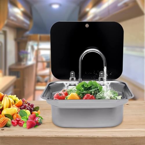 Évier de camping avec robinets chaud froid et couvercle en verre trempé pour van