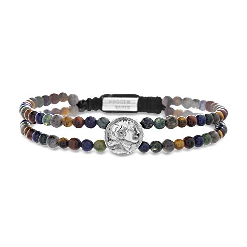 Steve Madden Men's Brown Simulated Tiger's Eye, Blue Lapis, and Grey Labradorite Beaded Double Strand Bracelet in Stainless Steel, Multi