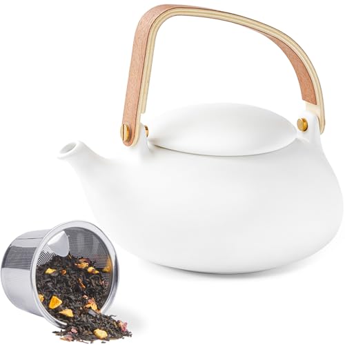 ZENS Tetera Japonesa con Infusor, 800ml Pequeño cerámica Tetera con Filtro de acero Inoxidable Para té a granel, Blanco tea pot con mango de Madera moderno Para los amantes del té