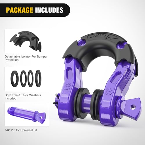 Image of Nilight Heavy Duty Mega D-Ring Shackles(2 Pack) w / 7 /8″ Screw Pin & isolators, 68,000 lb Break Strength(17,000 lb WLL), Forged Steel Off-Road Recovery Shackles for Tow Strap & Winch Gear, Purple