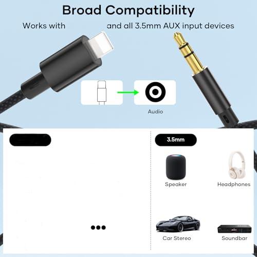Deuomerk Aux Kabel Auto 1.2M für iPhone, [MFi Zertifiziert] 3,5 mm Aux Auf Lightning Kabel HiFi Audio Cable Kompatibel mit iphone 14/13/12/11/X/8/7 für Auto/Kopfhörer/Lautsprecher, Schwarz