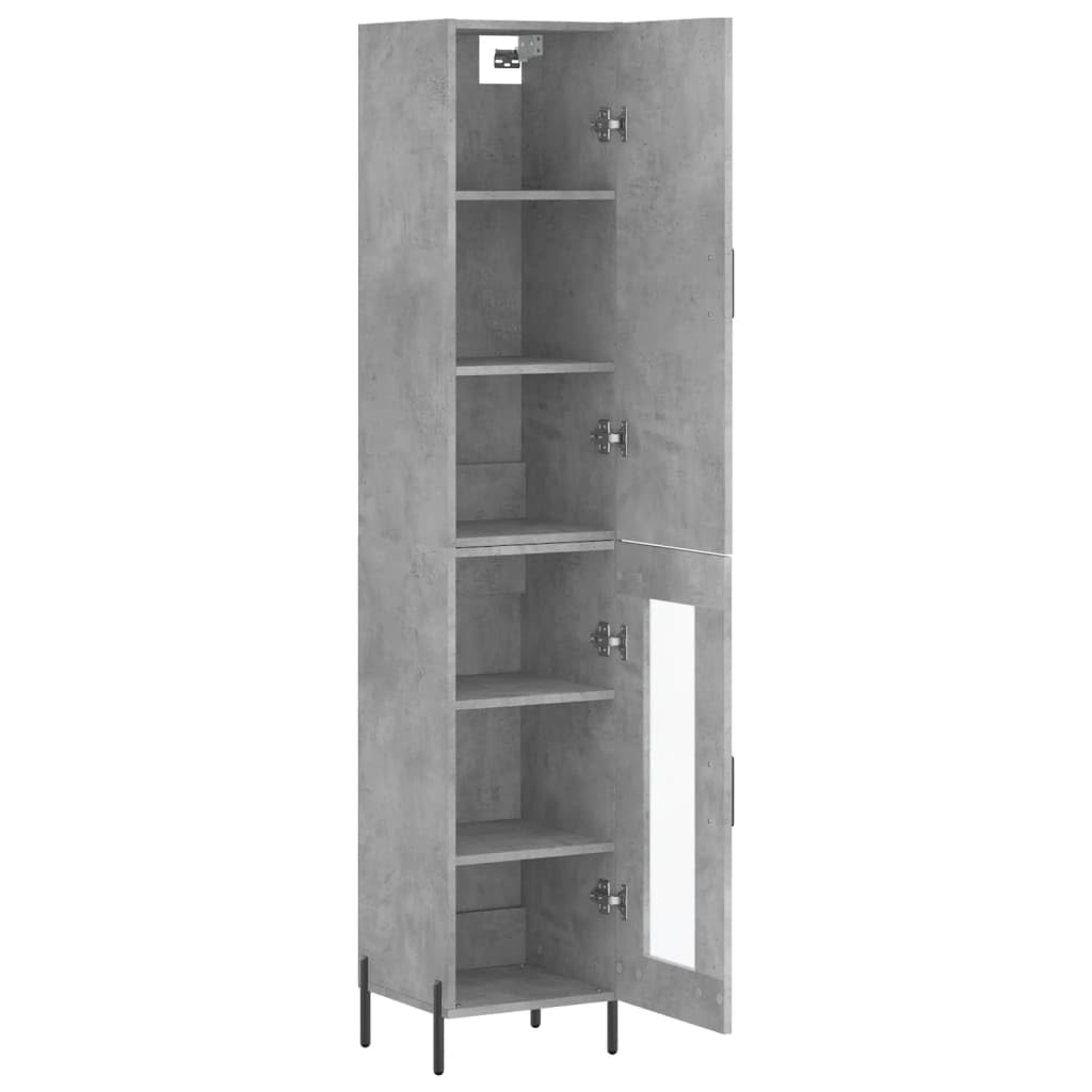Générique Bufet wysoki szary betonowy 34,5 x 34 x 180 cm z drewnianymi drzwiami i metalowymi nogami, duża przestrzeń do przechowywania do organizacji codziennych niezbędnych rzeczy.