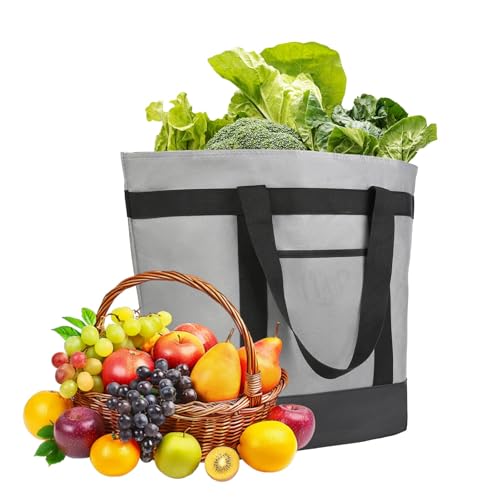 Large Foldable Insulated Tote with Thermal Foam for Grocery Shopping and Reusable Cooler Bag to Keep Food Cold/Hot for Delivery, Travel, Beach, and Picnic, Grey