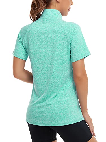Koscacy Short Sleeve Active Tops For Women,Girl Daily Wear Zip Up Collar Running Tee Quick Dry Stretch Soft Light Weight Gym T-Shirt Polo Shirts Yoga Geeen Xx-Large Green #TOP1