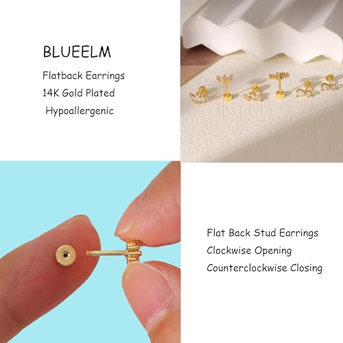 Dainty Flat Back Earrings for Women | 14K Gold Plated Cartilage Studs | Versatile Helix, Tragus & Multiple Piercing Jewelry Set - Image 6