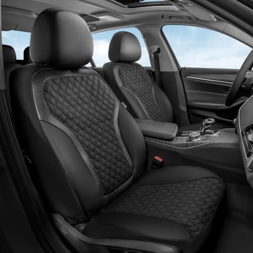 Image of Coverado Front Seat Covers, Luxury Diamond Leather Car Seat Cover with Carbon Fibre Weave Design, Waterproof Car Seat Protectors, Black Driver Seat Covers Universal Fit for Cars SUV Trucks