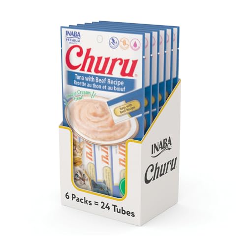 Image of INABA Churu Cat Treats, Grain-Free, Lickable, Squeezable Creamy Puree Cat Treat /Topper with Vitamin E & Taurine, 0.5 Ounces Each Tube, 24 Tubes (4 per Pack), Tuna with Beef Recipe