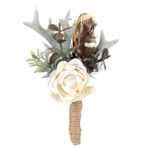 PartyforU Boutonnière rose pour homme – Boutonnière de bal de fin d'année, de mariage, de plumes rustiques pour marié, corsage bohème pour garçons d'honneur, anniversaire, dîner, fête, cérémonie