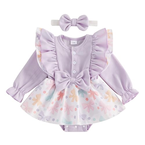 Ayalinggo Newborn Baby Girl Saint Patrick Outfit Irish Clover Romper Dress Green Four Leaf Skirt Spring Clothes With Bow (Purple Bow, 12-18 Months)