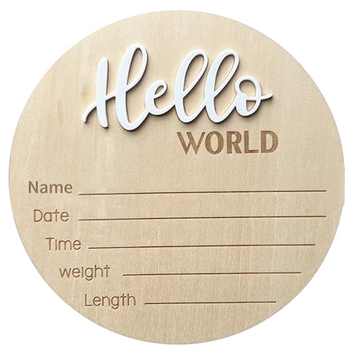 Baby Announcement Sign, ?5.9 Inch Wooden Hello World Newborn Welcome Sign, Birth Announcement Sign for Hospital, Newborn Name Sign Plaques for Photo Props Baby Shower Nursery(White)