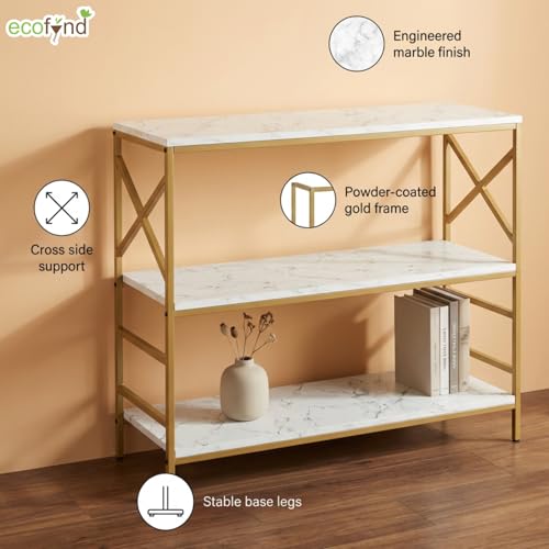Image of ecofynd 35 Inch 3 Tier Console Table, Metal with Engineered Wooden top for Long Narrow Hallway, Entryway, Living Room, Dining Room, Office, Home Side Table Storage Shelves (WHTGO, CT003)