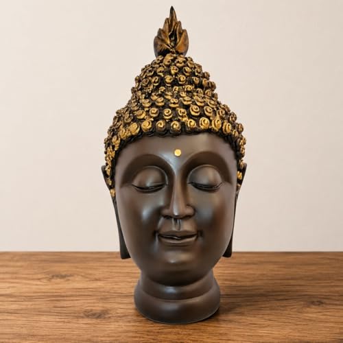 Image of Premium Resin Buddha Head Statue for Home Decor - 31 cm Antique Finish Meditating Buddha Face Showpiece for Living Room, Office, Meditation Room, Spiritual Decor & Gift Item (Brown & Gold)