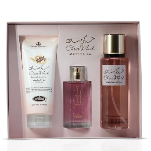 Image of Al-Rehab Choco Musk Marshmallow 3-Piece Gift Set - Eau de Parfum 50ml + Shower Gel 200ml + Body Mist 250ml - Sweet Strawberry & Marshmallow Unisex Collection