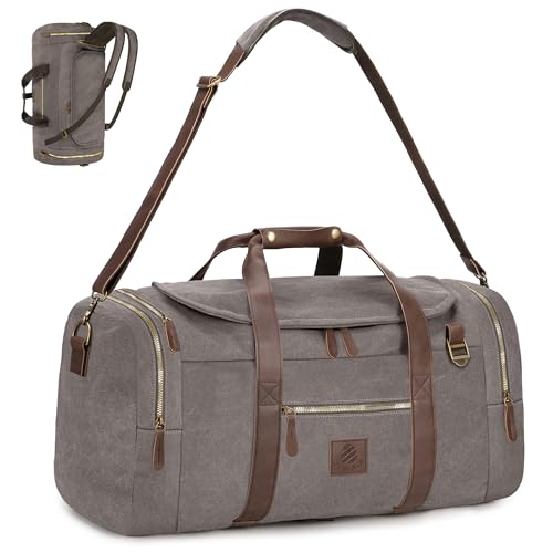 60L Travel Bags for Men, Nomad Canvas Duffle Bag Vintage Genuine Leather Travel Duffel Bag Multifunctional Weekender Overnight Backpack with Shoes Compartment (Grey, X Large-60L)
