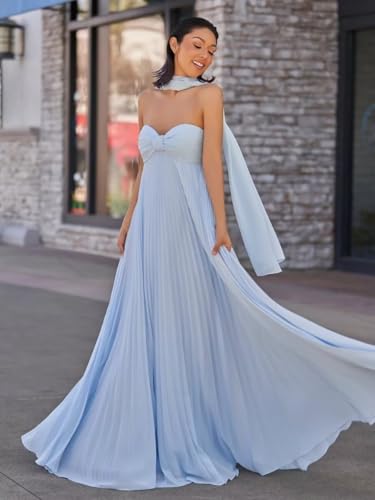 Women's Chiffon Bridesmaid Dress Long Sweetheart Prom Dresses 2025 A-Line Pleated Wedding Guest Gown with Scarf2