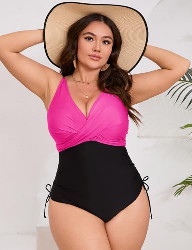 ShopWonder Women Plus Size Swimsuit V Neck One Piece Swimwear Ruched Drawstring Tummy Control Bathing Suit2