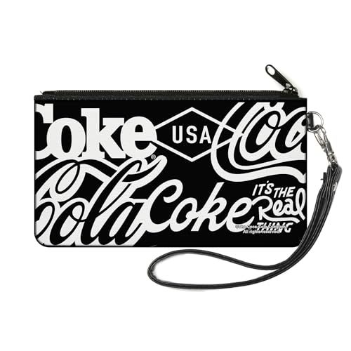 Buckle-Down Carteira Coca-Cola, Estojo com Zíper, Estampa Tipográfica Coca-Cola 'It's The Real Thing' em Preto e Branco, Lona