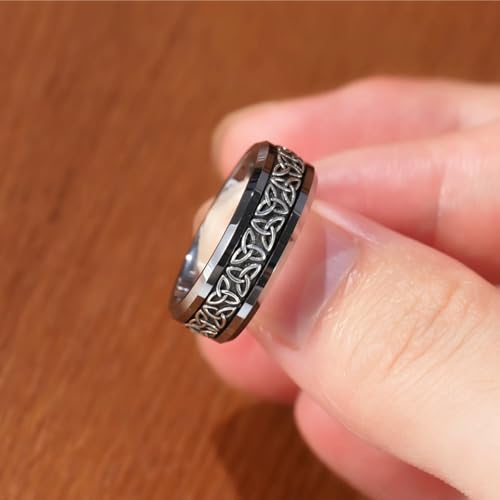 NUNCAD Personalized 925 Sterling Silver Inlay Tungsten Triquetra Celtic Knot Mens Rings 8mm Celtic Trinity Knot Wedding Band Irish Jewelry Gift Comfort Fit Size 7-124