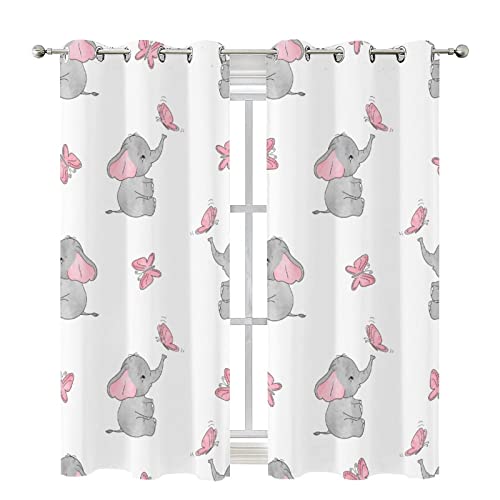 Image of Zmcongz Elephant Kids Heat Insulation Curtain for Girls Boys Home Decor Cute Elephant and Butterfly Window Draperies for Bedroom W42 x L63 Inch