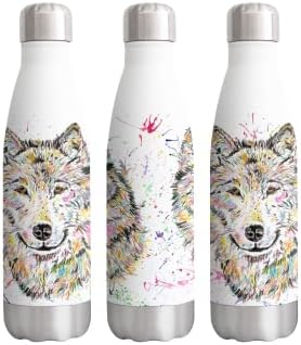 Vixar Wolf Wildlife Animals Watercolour Rainbow Art Bottle Double Wall Insulated Stainless Steel Sport Drinks 500ml White Gift Ideal for School Work Office Oudoor Sports Keeps Hot and Cold Drinks