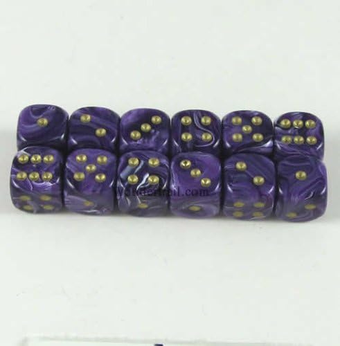 Wondertrail Purple Vortex with Gold Pips 12mm D6 Dice Set of 12 WCX27837E12