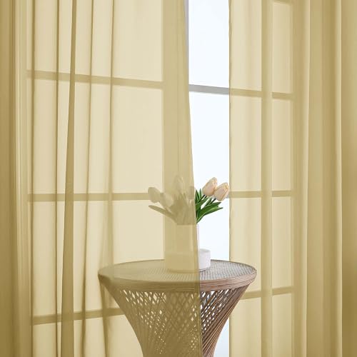 Image of OWENIE Gold Sheer Curtains 120 Inches Long 2 Panels Set, Airy Lightweight Sheer Gold Curtains for Living Room Bedroom, Farmhouse Voile Filmy Rod Pocket Curtains Drapes, 2 Pcs, Each 59 inch Wx120 L Inch