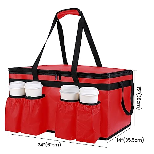 Image of musbus Insulated Food Delivery Bag with Cup Holders /Drink Carriers Premium XXL, Great for Beverages, Grocery, Pizza, Commercial Quality Hot and Cold, Red-bt, 23 inchW * 14 inchD* 15 inchH, cup sleeve insulation