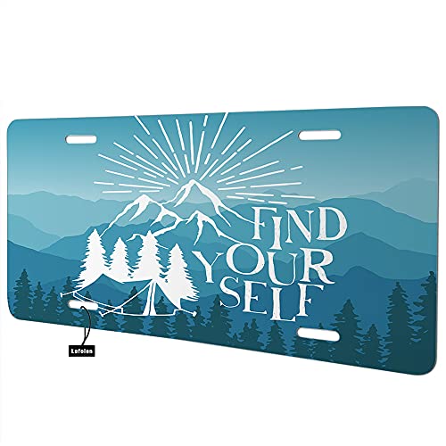 Lefolen Front License Plate Covers Find Yourself Quote,Foggy Pine Trees Forest Mountains Inspiration Phrase Auto Car Tag Vanity Plates Aluminum Novelty Metal Plate For Men Woman 6" X 12" #TOP2
