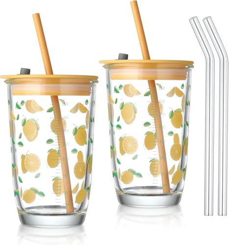 Image of Glass Tumbler with Scale,Straw and Lid, Portable Glass Drinking Jar with Lemon Pattern, Thick Glass Cup for Coffee Juice Milkshake (430ML, Pack of 1, Yellow)