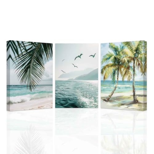 SWQYLB Coastal Wall Art set of 3 Palm Tree Pictures on Canvas Tropical Beach Artwork Ocean Seascape Art Prints Seaside Bathroom Decor Framed (Green, (12"x16"x3 Pieces))