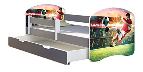 ACMA Kinderbett Jugendbett mit Einer Schublade und Matratze Grau mit Rausfallschutz Lattenrost II (37 Fußballer 2, 180x80 + Bettkasten)