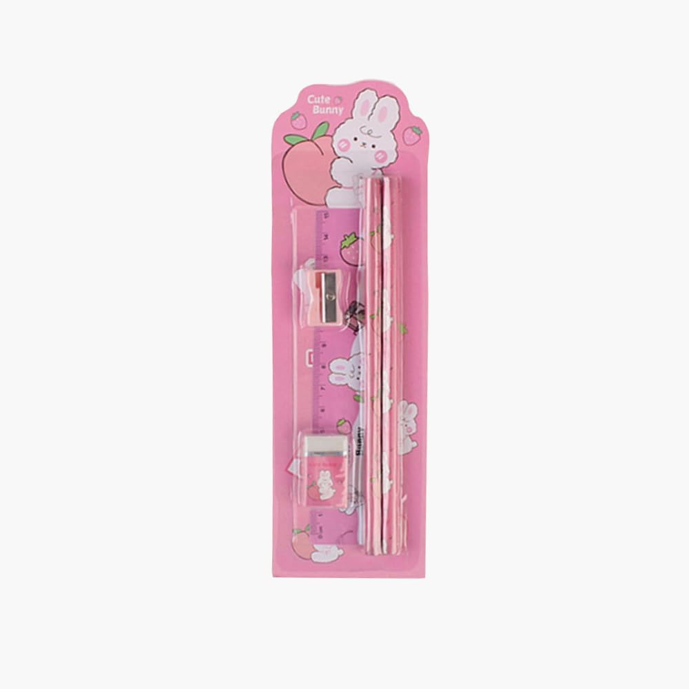 Star Babies Stationery Set - Pack of 5 Includes: 2 Pencils + 1 Ruler + 1 Eraser + 1 Sharpener-PInk
